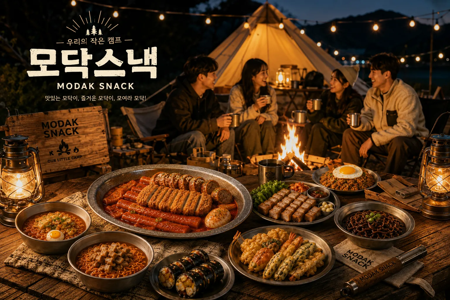 캠핑 텐트 앞 모닥불에 둘러앉은 사람들과 푸짐하게 차려진 모닥스낵 음식들