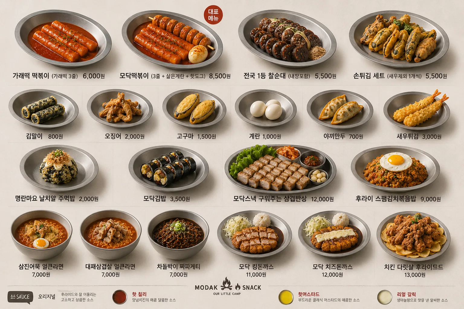 모닥스낵 전체 메뉴판 — 가래떡 떡볶이 6,000원, 모닥떡볶이 8,500원, 전국 1등 찰순대 5,500원, 모닥김밥 3,500원 등