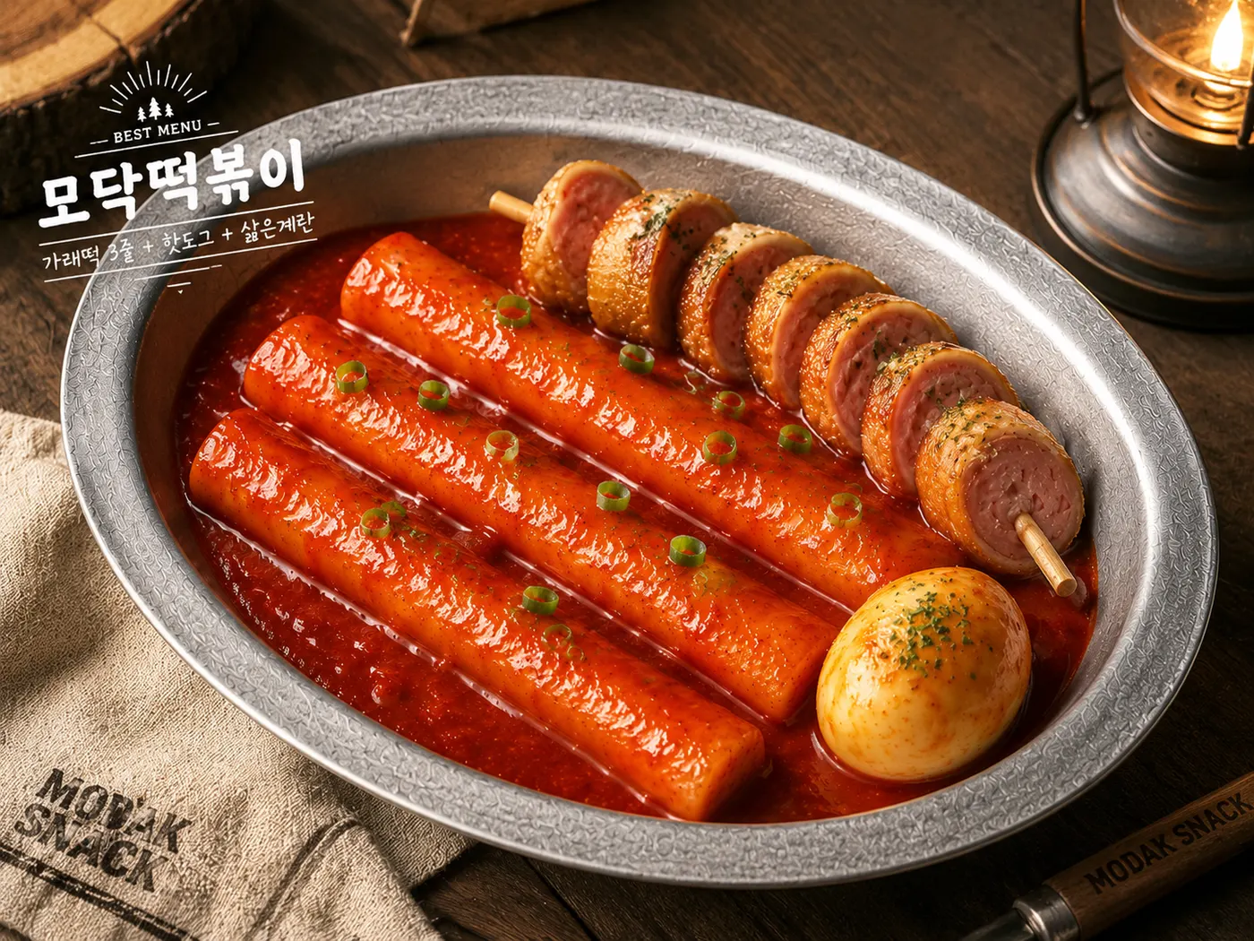 모닥스낵 대표메뉴 모닥떡볶이 — 가래떡 3줄, 핫도그, 삶은계란